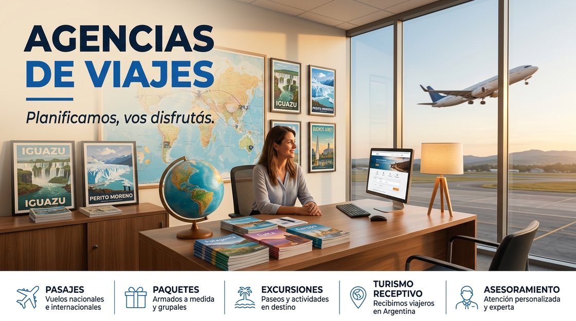 Escritorio de una agencia de viajes con un mapa del mundo y un avión despegando al fondo