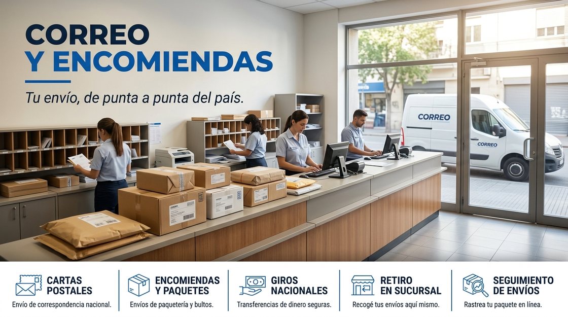Mostrador de una sucursal postal con encomiendas y sobres, y un furgón de reparto en la puerta