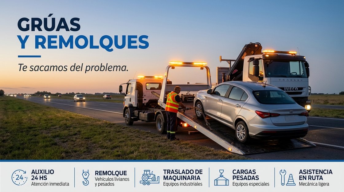 Grúa de auxilio cargando un automóvil al costado de la ruta, con las balizas encendidas