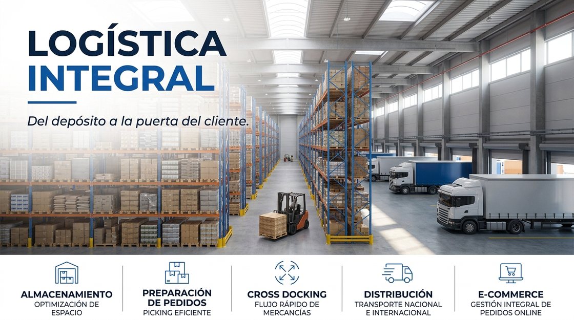 Interior de un centro de distribución con estanterías de pallets y un autoelevador operando junto a los muelles de carga