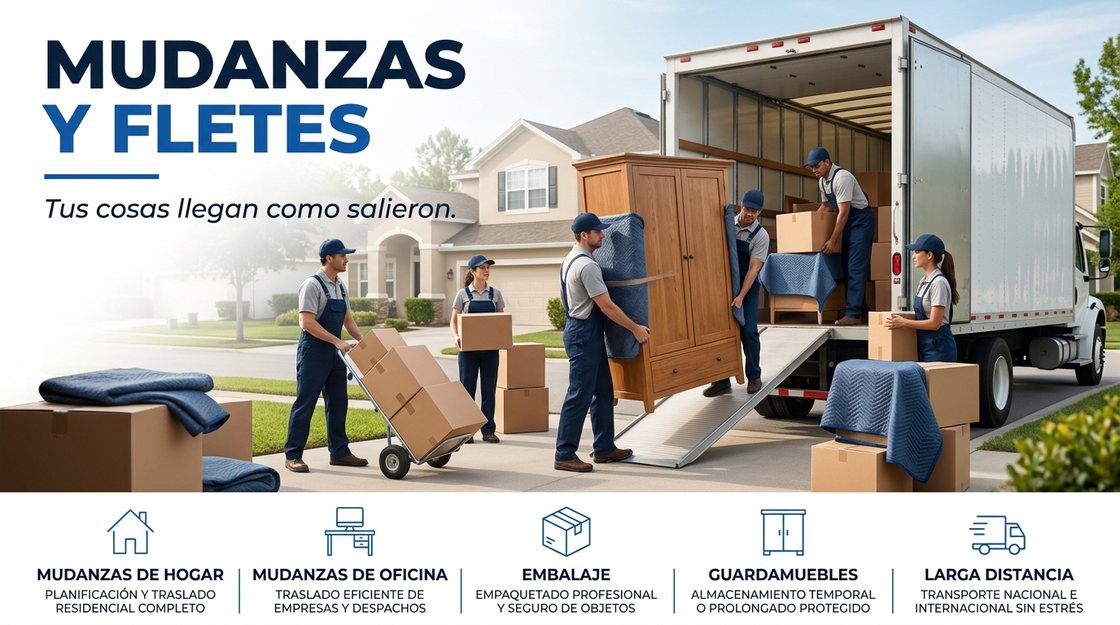 Equipo de mudanza cargando muebles y cajas en un camión frente a una casa