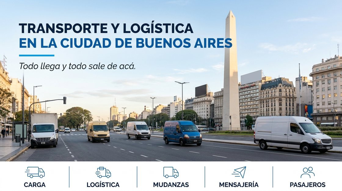 Furgones de reparto sobre una avenida del centro porteño, con el Obelisco al fondo