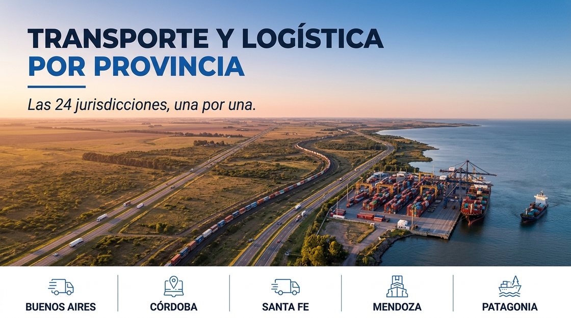Mapa de la Argentina con rutas que unen las provincias, camiones y un tren de carga cruzando el país