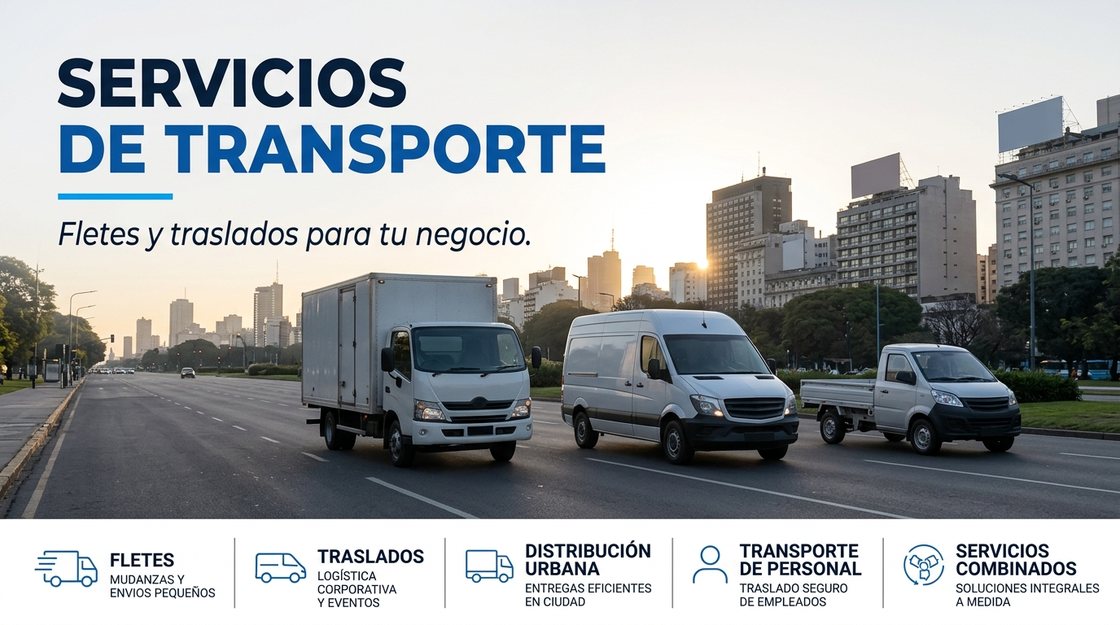 Camión, furgón y utilitario de reparto sobre una avenida urbana al amanecer
