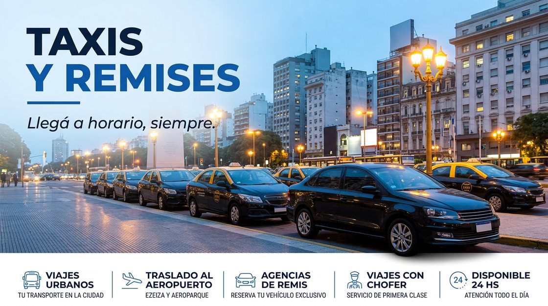 Fila de taxis en una parada céntrica al anochecer, con un remis en primer plano