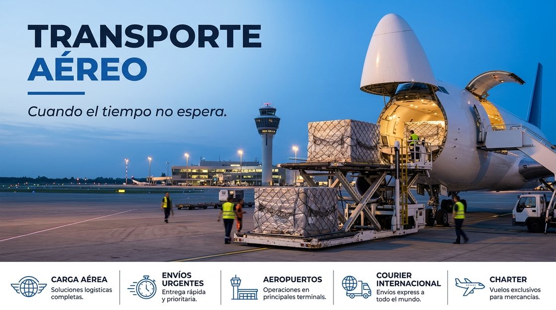 Avión de carga siendo cargado en la plataforma de un aeropuerto, con la torre de control detrás