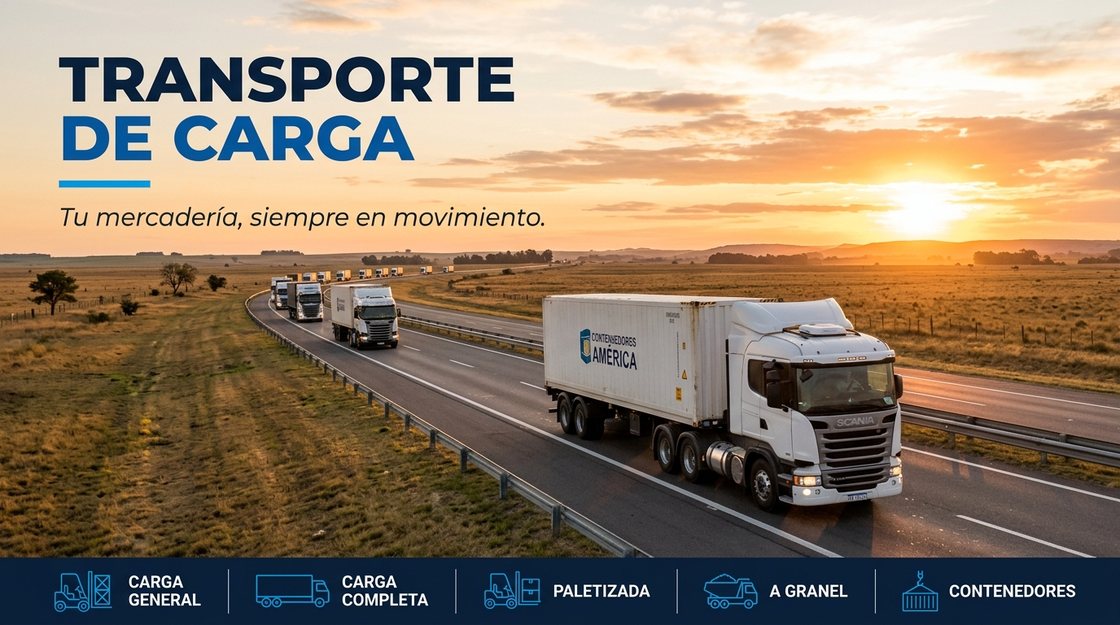 Camiones con semirremolque circulando por una ruta argentina al atardecer, con la llanura pampeana de fondo