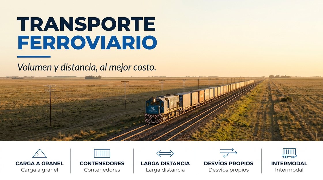 Tren de carga con vagones portacontenedores cruzando la llanura argentina